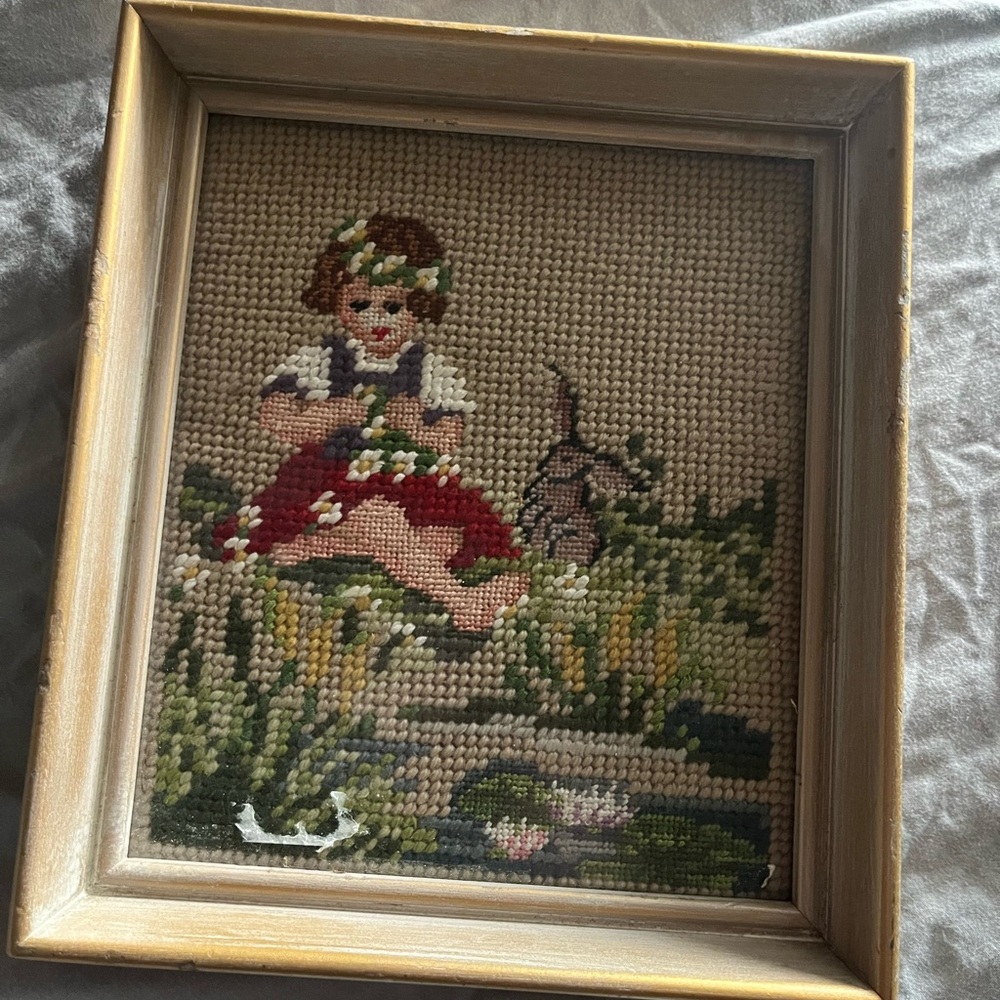 Vintage Needlepoint Art in Wooden Frame